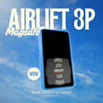 A promotional graphic for the Airlift 3P MagSafe controller mount, showing a blue-framed black Airlift controller case with the gray and black magnetic mount attached, set against a blue sky background with clouds. Large white text reads 'AIRLIFT 3P' and 'Magsafe', with a 'WOW' badge and 'New and Improved' text.
