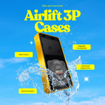 A yellow protective Airlift Controller case shown with an Airlift 3P Controller inside, surrounded by water splash graphics and text callouts reading 'New and Improved', 'Airlift 3P Cases', 'New Colors', 'MagSafe Compatible', 'Improved Ergonomics', and 'Quick Connect' on a blue sky background.